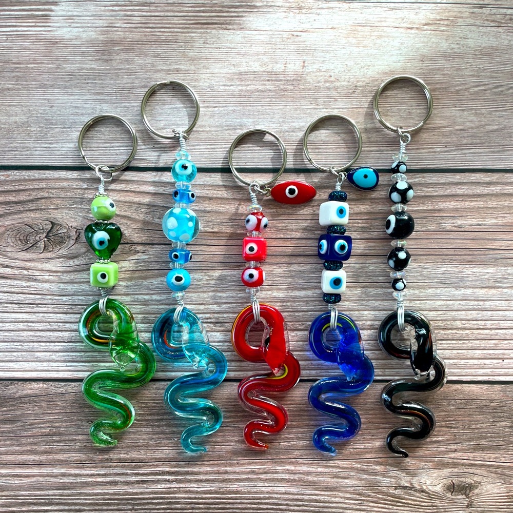 Glass Millefiori Murano Snake Rainbow Beaded Keychain, Bag Swag, Purse Chain